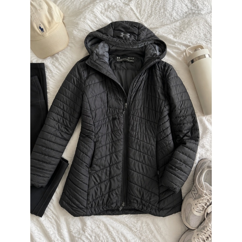 Under Armour ColdGear Hooded Puffer Jacket Black Fitted Quilted Coat Womens M